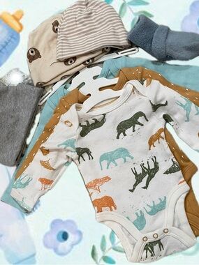 BABY BOY 7 piece BUNDLE All are Newborn size / 3 Onesies/ 3 Caps/ 1 pr Socks